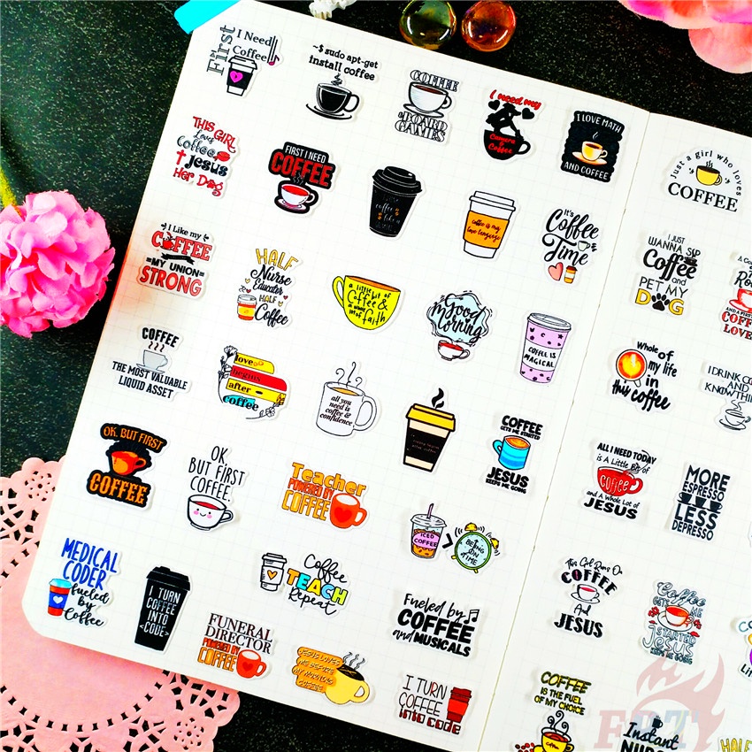 ★★★ Sticker Dán Trang Trí Nhật Ký Hình Coffee Q-1 Slang Mini ★★★ 60 Miếng Dán Trang Trí Album Thời Trang (Size: 2~3cm)
