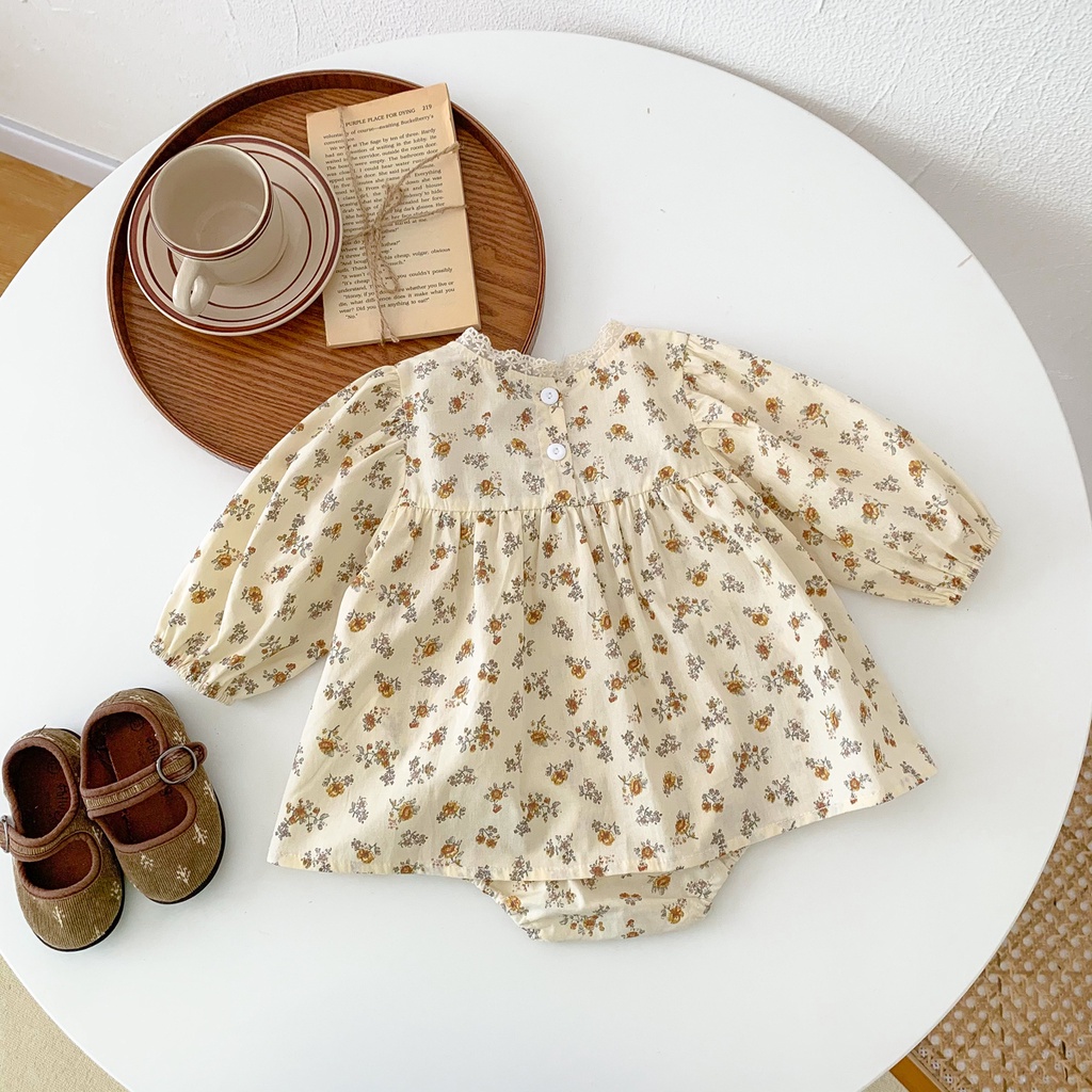 Áo Liền Quần Tay Dài In Hoa Cho Bé Gái Từ 0-2 Tuổi