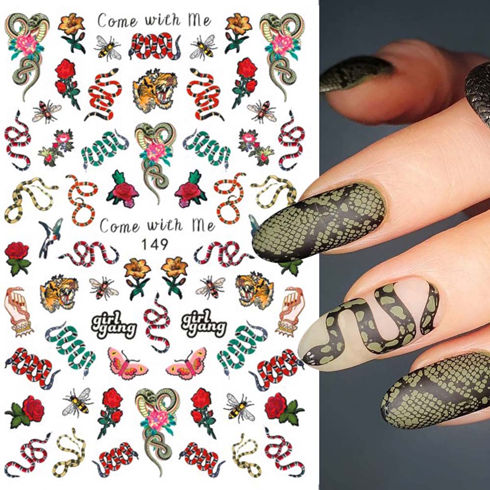 Tờ miếng dán decal trang trí móng tay nghệ thuật 3D kiểu dáng rồng/ con rắn/ chữ cái phong cách gothic