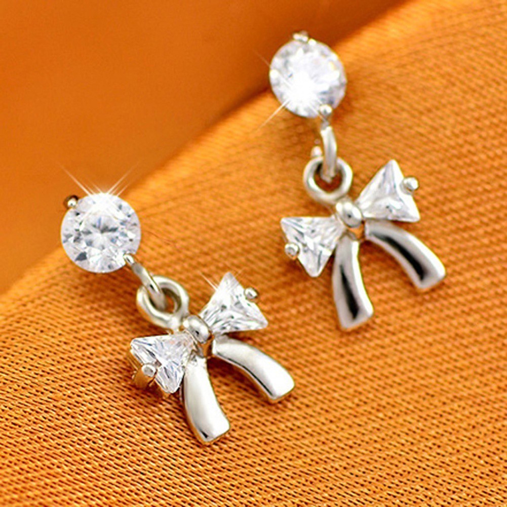 Bông Tai Mạ Bạc 925 Hình Nơ Đính Đá Xinh Xắn