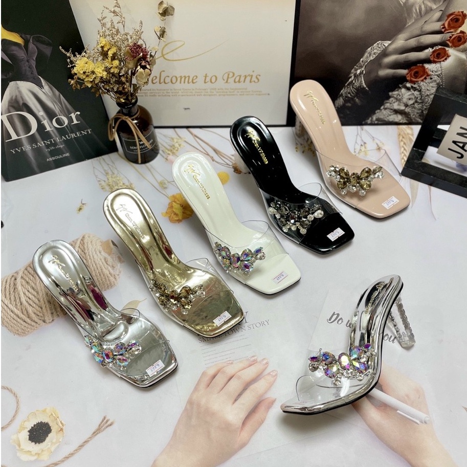 Cao Gót Quai Trong Đính Nơ Đá Thât 💥SẴN MÀU ĐEN 💥 Guốc Nữ 7 Phân Đế Trụ Q269