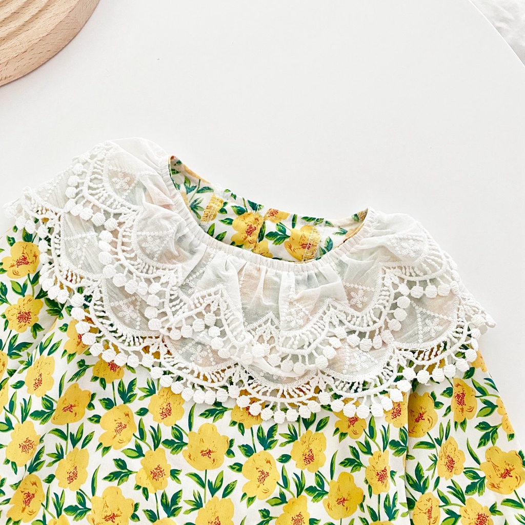 Bộ áo liền quần SANLUTOZ tay dài chất cotton phối ren hoa kèm băng đô cài tóc thời trang mùa