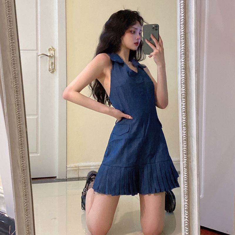 (order) đầm jean denim cổ yếm xếp li quyến rũ kèm hình thật