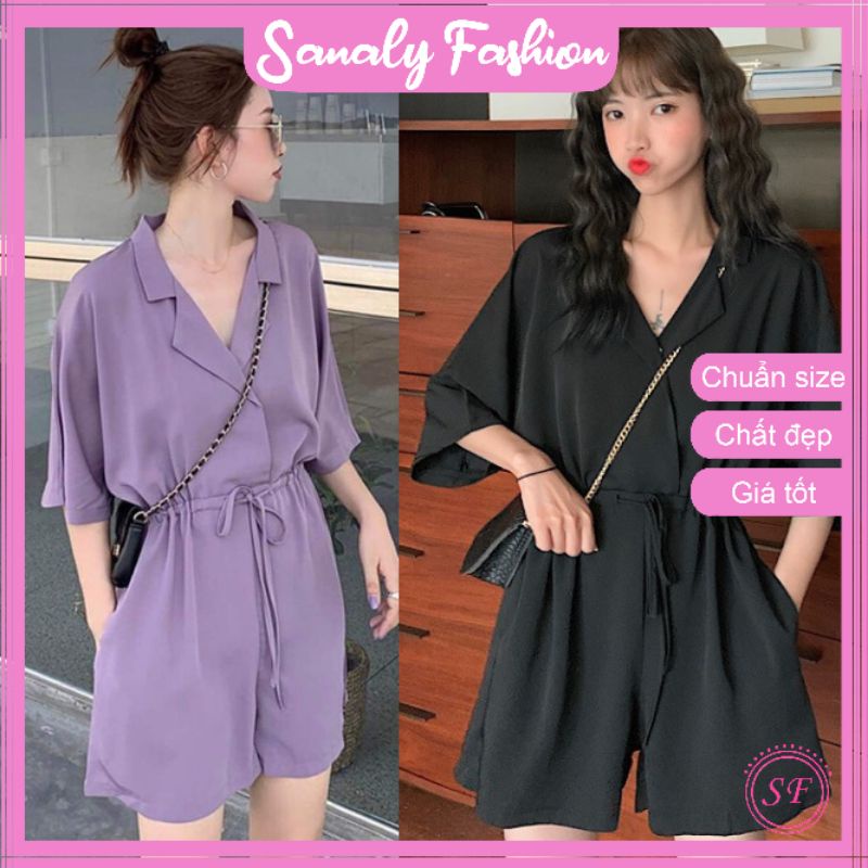 Áo liền quần cổ vest dây rút eo - Jumpsuit đen và tím - Đồ bay ngắn