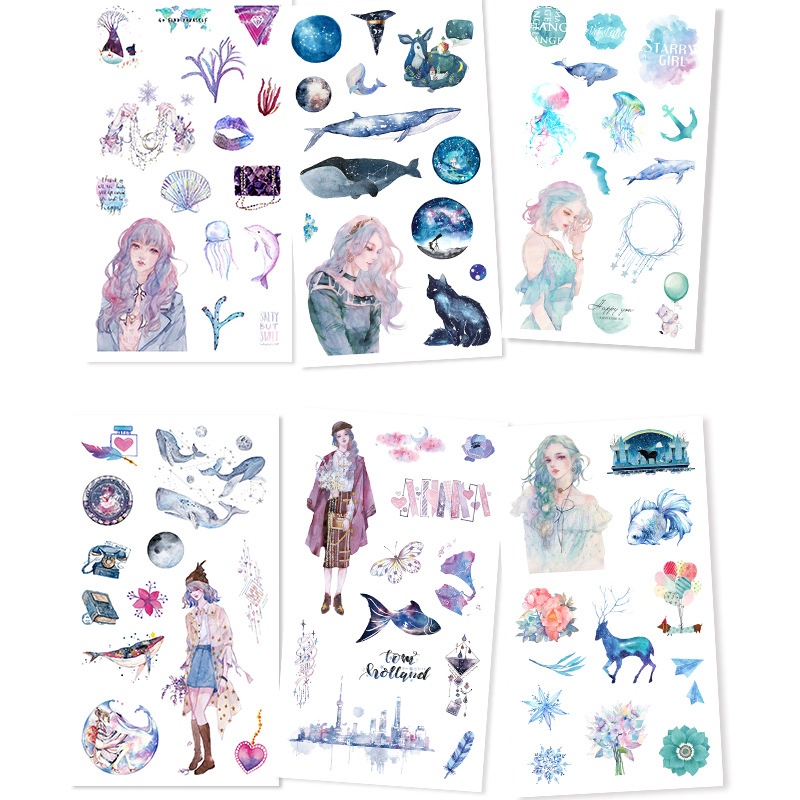 Set 6 Miếng Dán Giấy Họa Tiết Dễ Thương Dùng Trang Trí Sổ Tay/ Nhật Ký