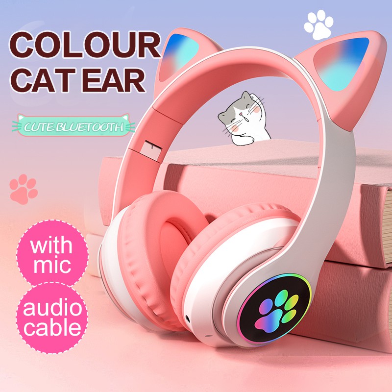Tai Nghe Tai Mèo Bluetooth không dây chụp tai chơi game hồng tím  7 màu Dễ Thương Có Mic buletooth tai mghe ko dây Đáng Yêu Kèm Phụ Kiện có led 🎧nữ trẻ em Cô gái cute bluetool Gaming Headphone con mèo PC di động Gameming Headset