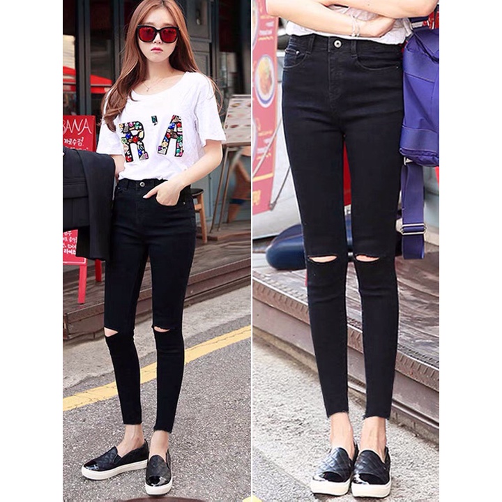 Quần jean bò nữ Skinny cạp lưng cao co dãn bó rách gối trơn xu hướng Hàn Quốc ulzzang vintage màu đen Kozoda 4125 QJ2 | BigBuy360 - bigbuy360.vn