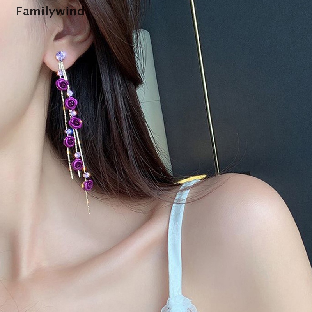 Khuyên Tai Dáng Dài Hình Cánh Hoa Phối Tua Rua Màu Đỏ Tím Lãng Mạn Cho Nữ