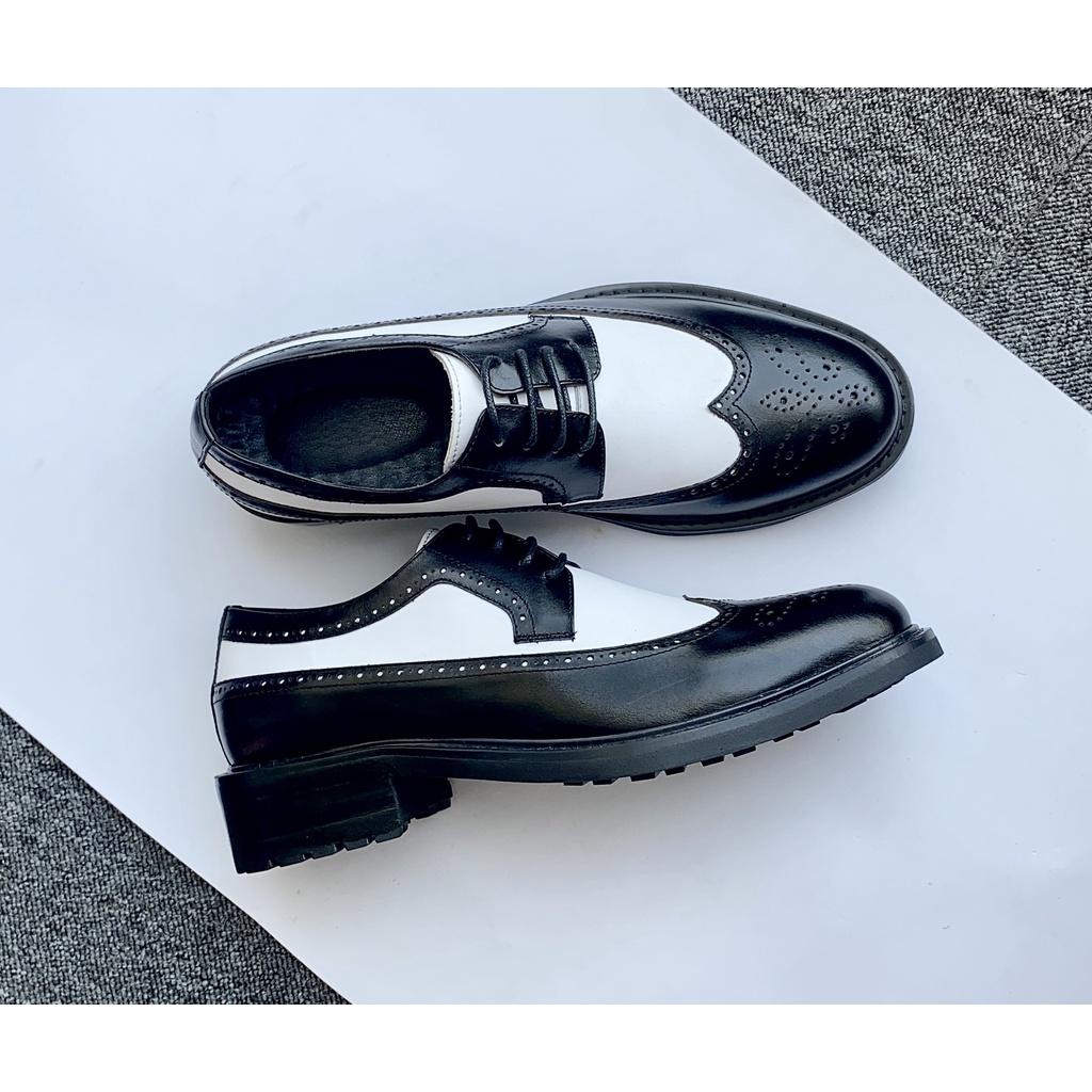 Giày Derby nam Black White, Giày da buộc dây Cao Cấp Da Bò 100%