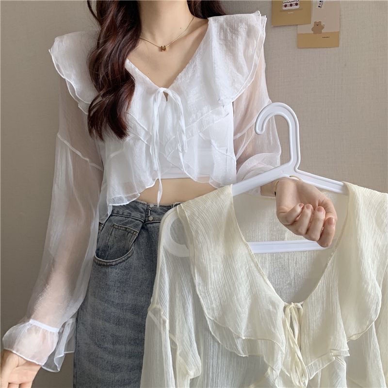 Áo Cardigan Tay Loe Ngắn Phối Dây Cột Thời Trang Mùa Hè Xinh Xắn Cho Nữ