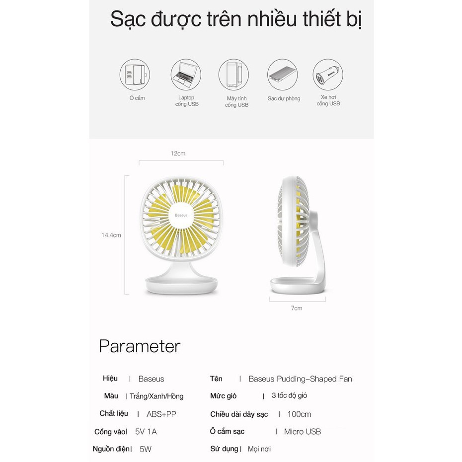 [3 MỨC TỐC ĐỘ] QUẠT BASEUS PUDDING-SHAPED CHÍNH HÃNG - QUẠT MINI ĐỂ BÀN CHỐNG ỒN | BigBuy360 - bigbuy360.vn