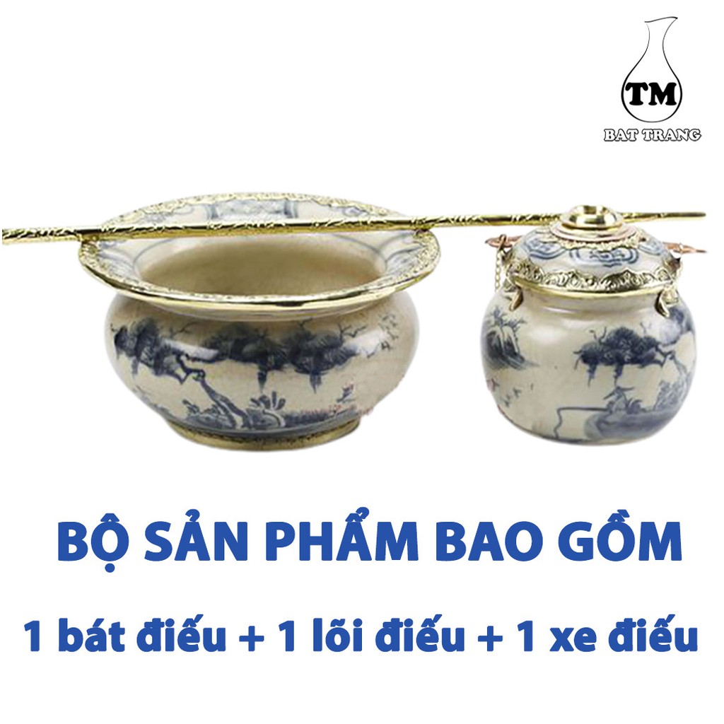 Điêu bát men rạn cổ bọc đồng vẽ phong cảnh gốm sứ Bát Tràng (dieu hut thuoc lao)