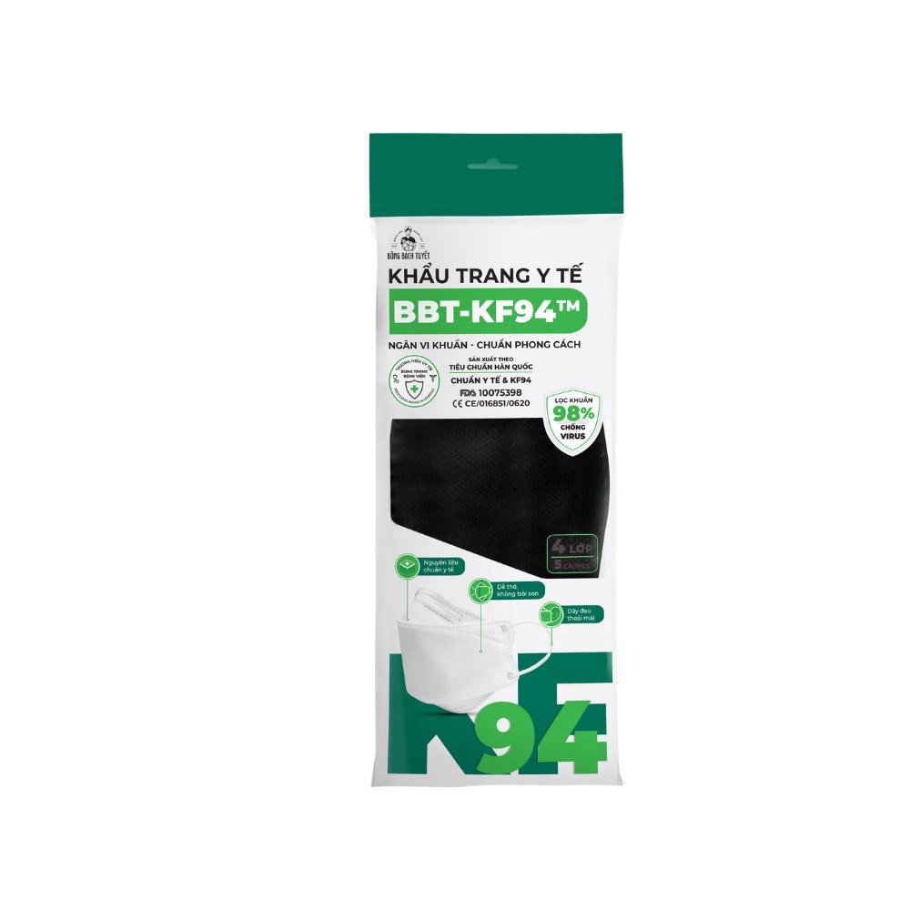 Khẩu trang BÔNG BẠCH TUYẾT KF94 4 LỚP trắng, đen 5 cái/ gói