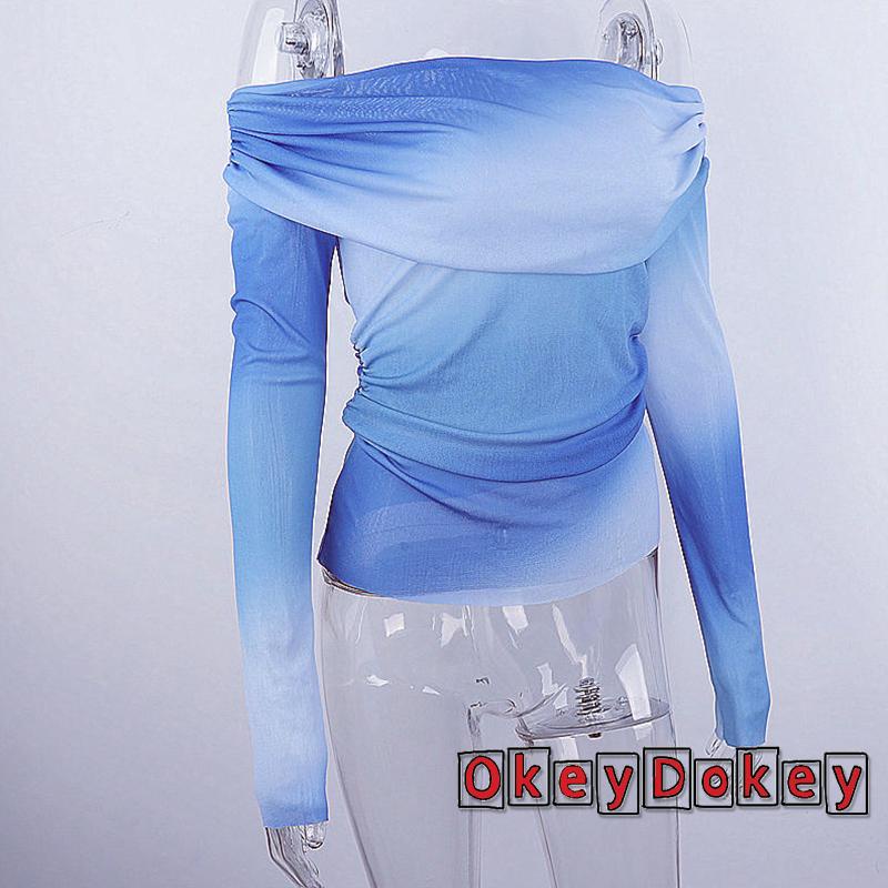 Áo Thun Tay Dài Trễ Vai Phối Lưới Nhuộm Màu Thời Trang Đường Phố Cho Nữ ODokey