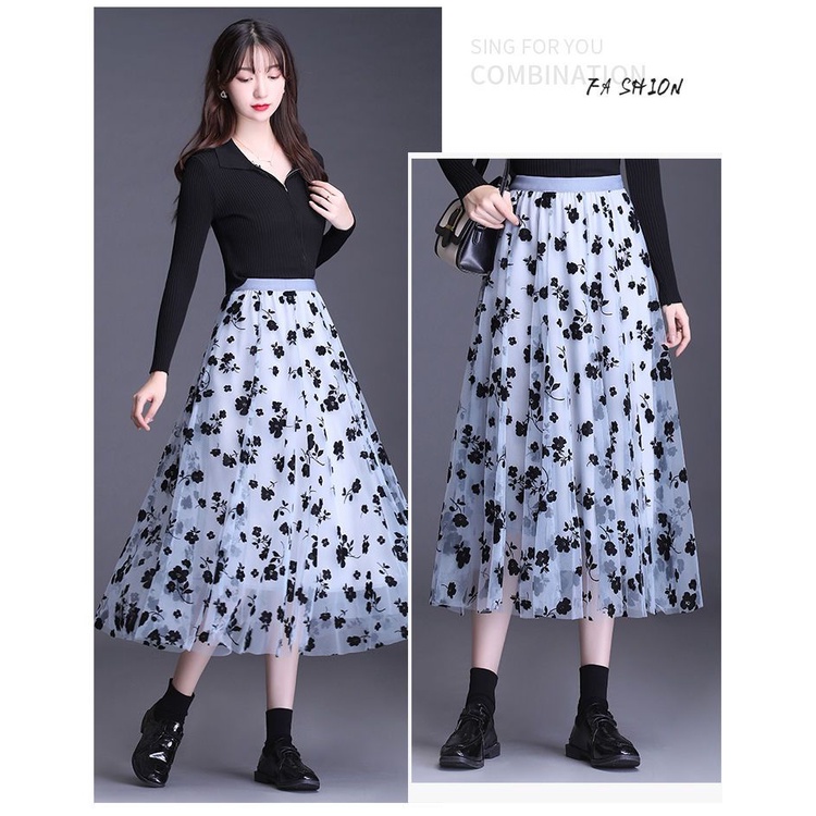 Chân Váy Chữ A Xếp Ly Lưng Thun Phối Lưới In Hoa Dễ Thương Cho Nữ