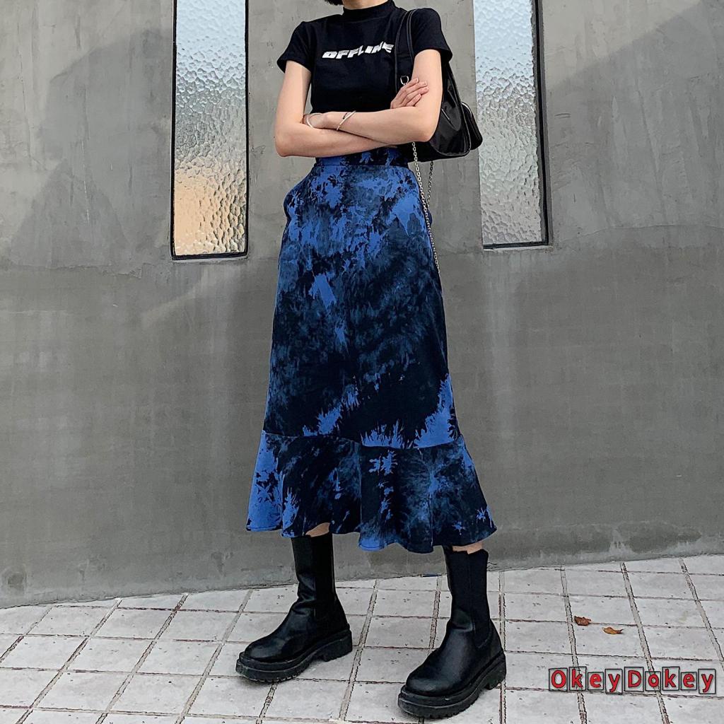 OKDK-Women Fashion Tie-dye Skirt Ladies Female Stylish Ruffle Hem Skirt