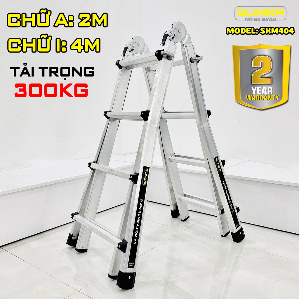 Thang nhôm gấp trượt chữ A mở rộng SUMIKA SKM404 (chữ A: 2M - chữ I: 4M) tải trọng 300kg,bảo hành 2 năm, thang điện lạnh