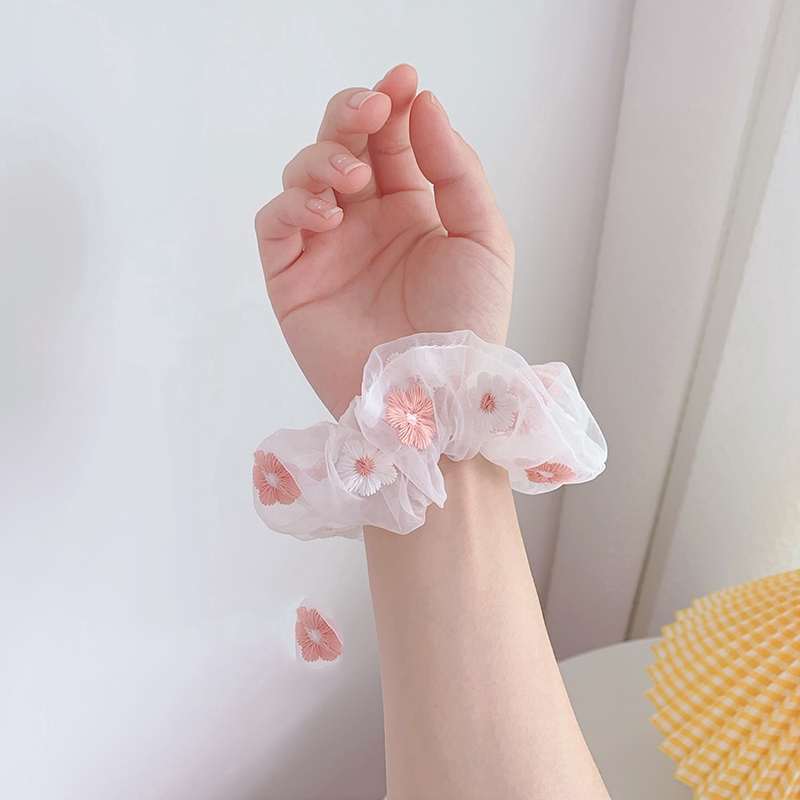 Dây buộc tóc organza thêu hoa cúc thời trang Hàn