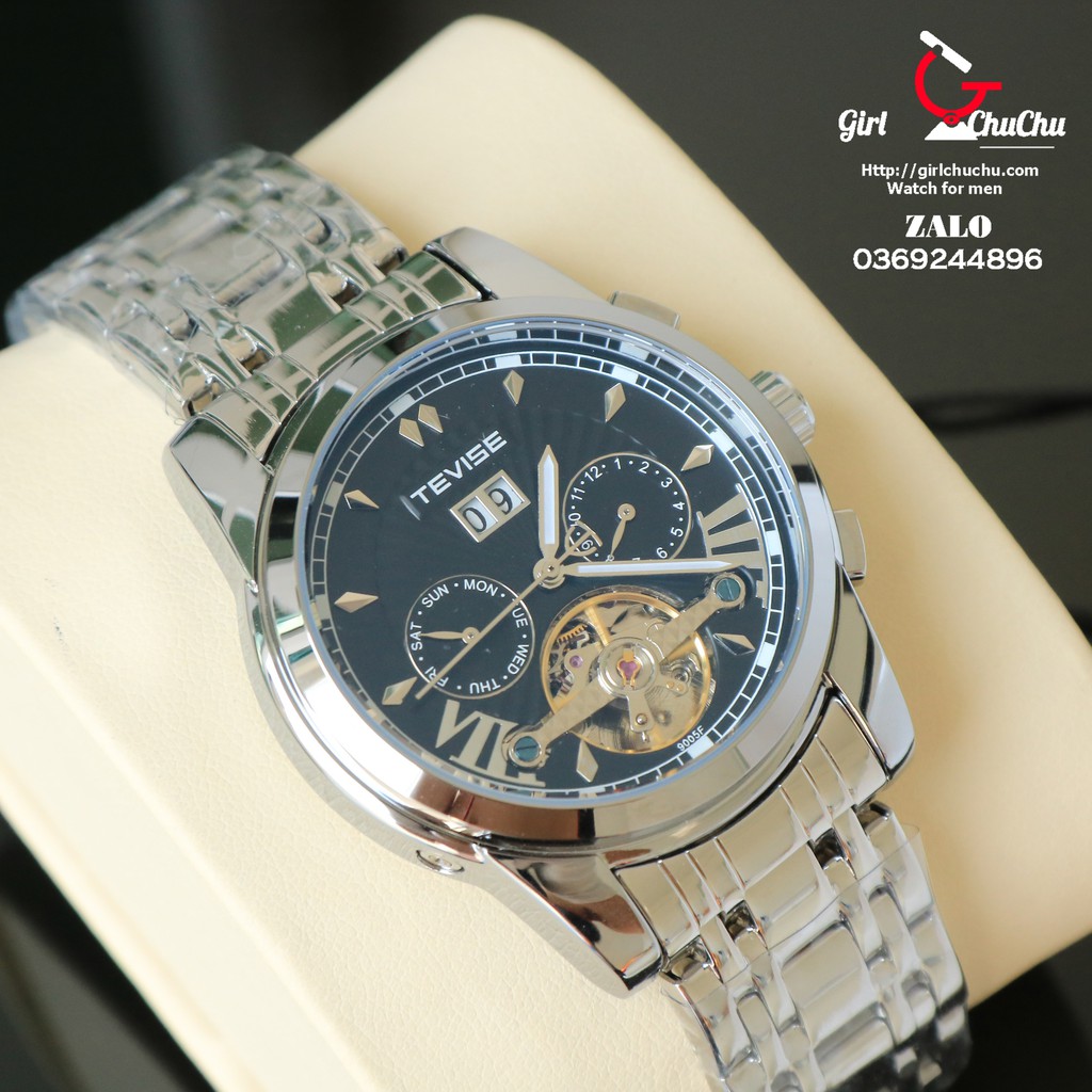 Đồng hồ nam Tevise 5 kim mặt đen mới chạy automatic không dùng pin, phong cách thể thao mạnh mẽ, đẳng cấp, NaiWatch
