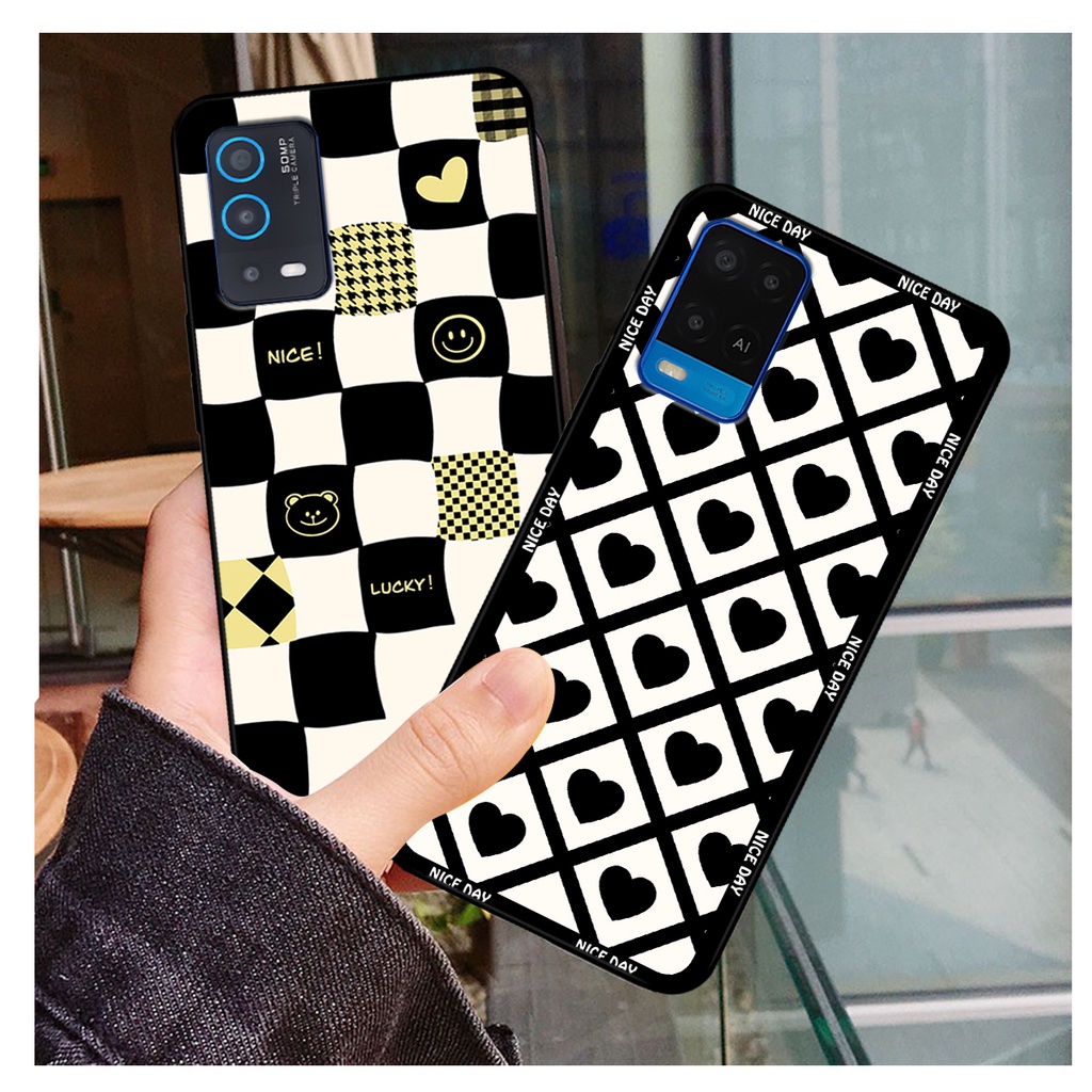 Ốp lưng Oppo A54 - Oppo A55 in hoạ tiết caro trái tim đen trắng, gấu bear cute đáng yêu