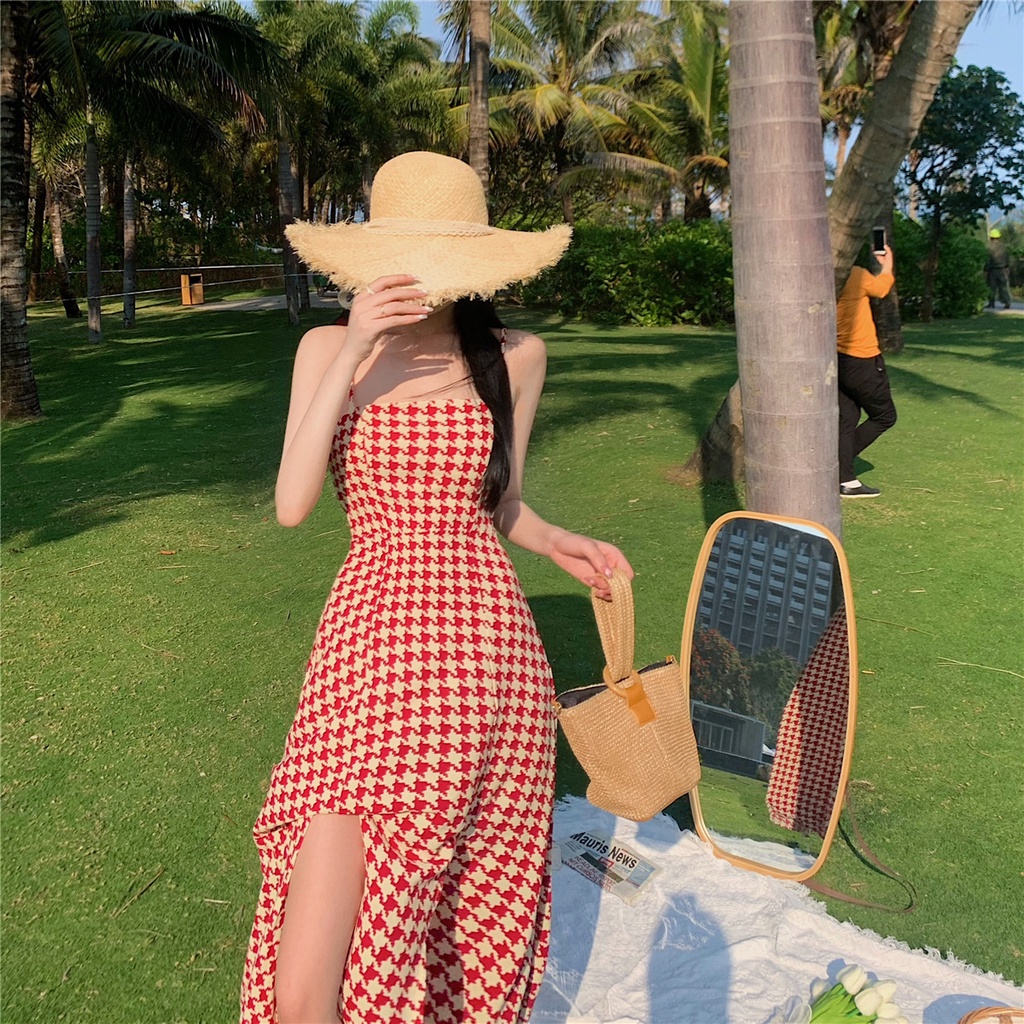Đầm hai dây IELGY in họa tiết sọc caro phong cách Pháp thời trang mùa hè 2022 dành cho nữ