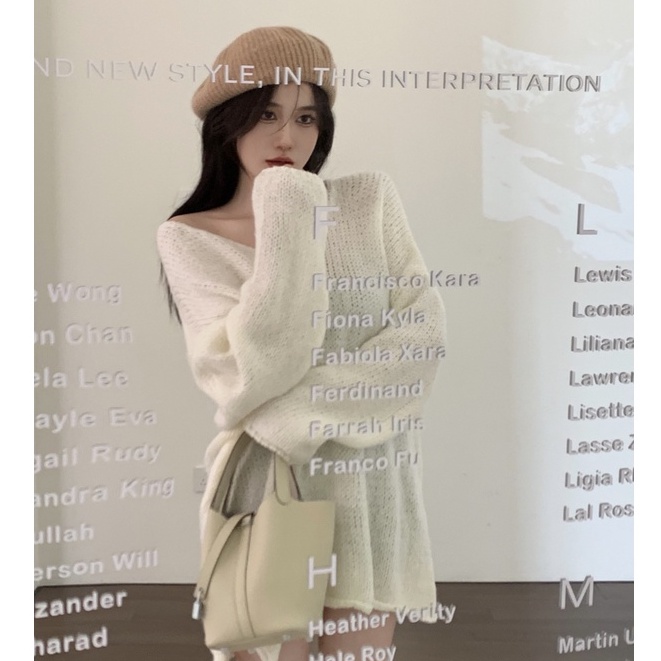 QKOOLE  Áo Dệt Kim Nữ Tay Dài Cổ Chữ V Xẻ Tà Phong Cách Hàn Quốc