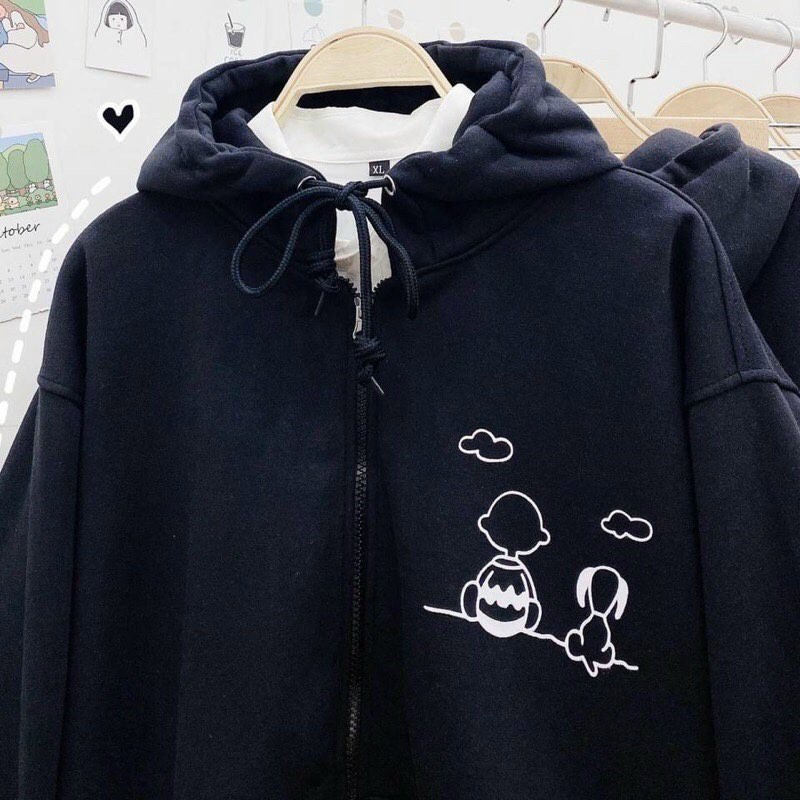 Áo Khoác Hoodie Form Rộng Nam Nữ Chất Nỉ Thun Dây Kéo Snoopy Phong Cách Thời Trang