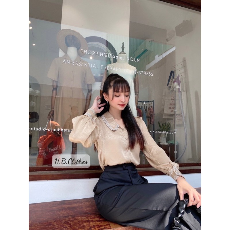 HB Set áo sơ mi cổ phối ren và quần ống suông | BigBuy360 - bigbuy360.vn