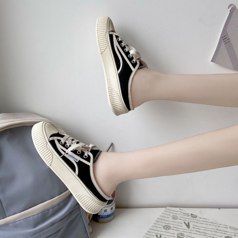 Giày Vải Canvas Đế Dày Nửa Ngón Màu Đen Thời Trang Xuân Hè Dễ Phối Đồ