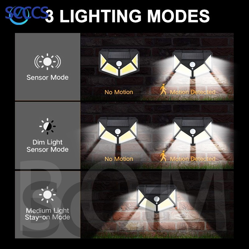 Đèn siêu sáng 100 bóng led bóng sử dụng năng lượng mặt trời cảm biến chuyển động pir 3 chế độ