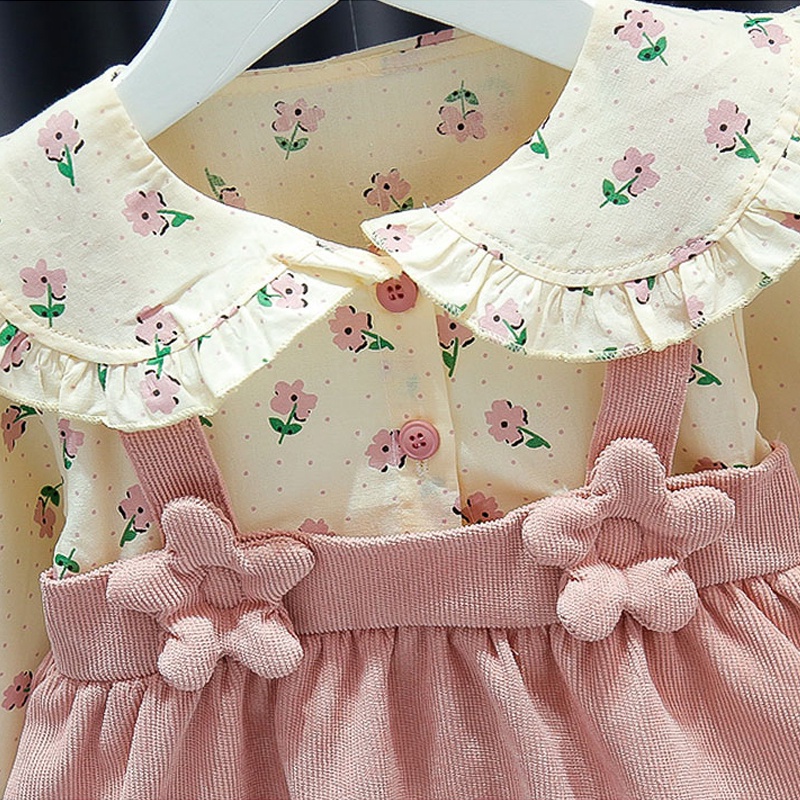 Đầm Cotton Cổ Búp Bê In Hoa Màu Hồng Dễ Thương Thời Trang Mùa Thu Cho Bé Gái