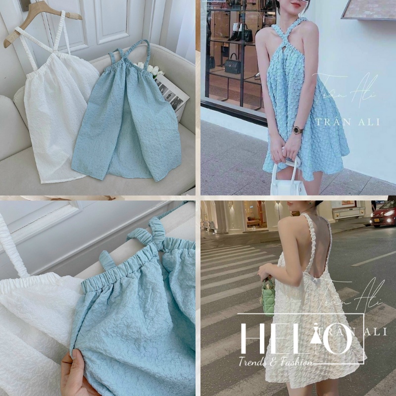 Đầm babydoll xốp 2 dây chéo form tôn dáng _ Trắng/ Xanh _ HE272