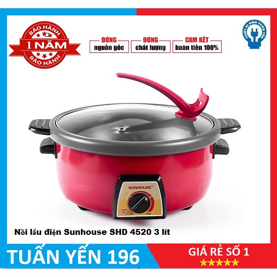 Nồi Lẩu Điện Đa Năng Sunhouse SHD4520-1300W (3L) làm nóng nhanh, tỏa nhiệt đều – Đỏ - Hàng chính hãng