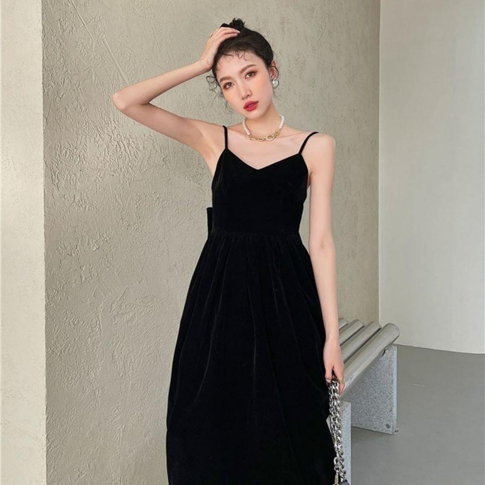 Đầm nhung hai dây màu đen đính nơ phong cách Retro Pháp thanh lịch cho nữ