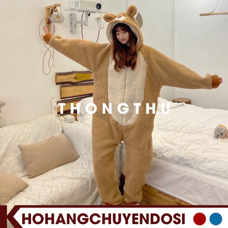 Bộ ngủ lông gấu màu nâu, bộ gấu liền thân thêu hình đẹp cho nữ siêu ấm, đồ ngủ mùa đông lông cừu giữ nhiệt tốt-THONGTHU | BigBuy360 - bigbuy360.vn