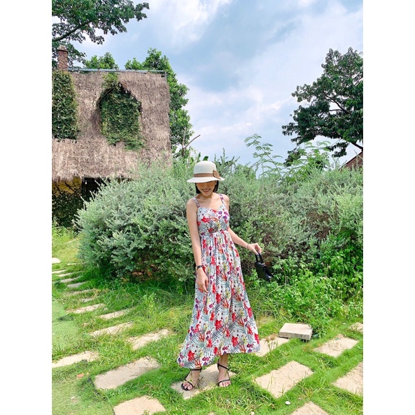 Đầm maxi hai dây hoạ tiết nhiệt đới, cổ tim, lưng thun co giãn kèm mút DOKESI  - Savannah dress