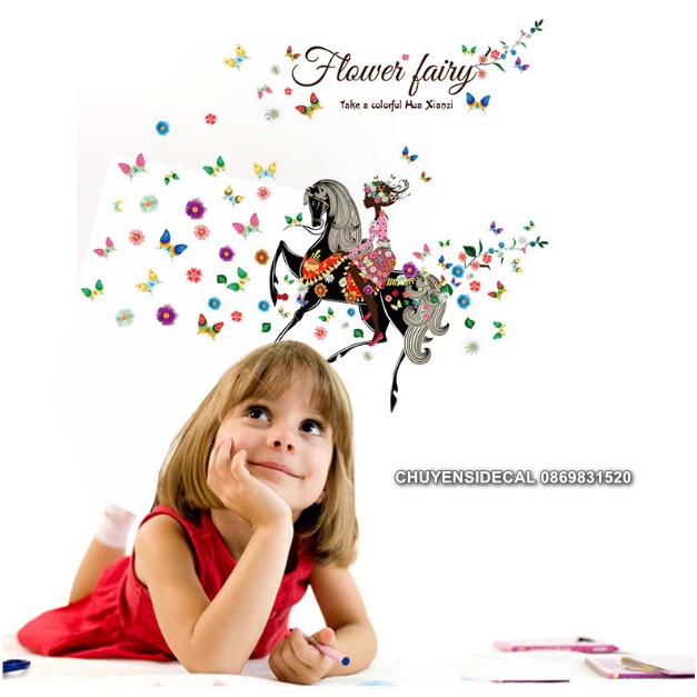 Decal trang trí tường - Cô Gái Hoa Cưỡi Ngựa Cực Ngầu