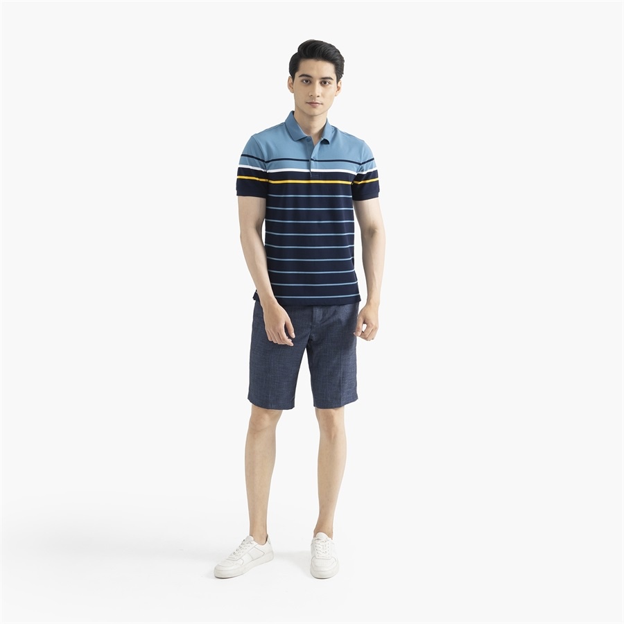Áo thun polo nam Aristino APS128S2 phông ngắn tay có cổ bẻ dáng suông màu xanh tím than kẻ vải cotton cao cấp mềm mại