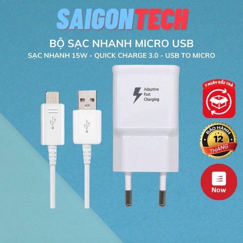 Combo Bộ Cục Củ Sạc Nhanh Samsung 15W và Dây Cáp Sạc Micro USB Dùng Cho Điện Thoại/Sạc Dự Phòng/Các Thiết Bị Gia Dụng