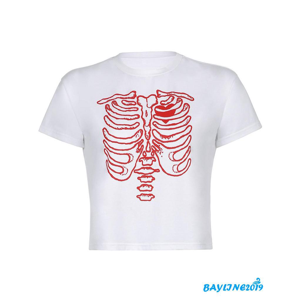 Áo Thun Nữ Ngắn Tay In Hình Bộ Xương Sáng Tạo