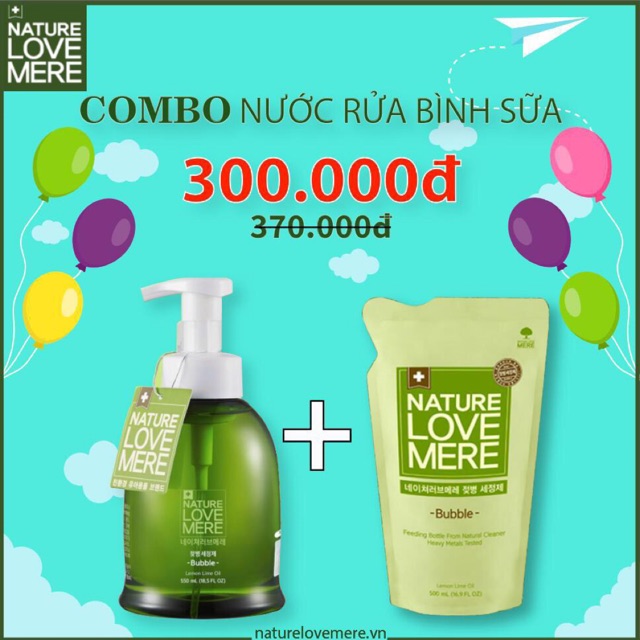 COMBO NƯỚC RỬA BÌNH NATURE LOVE MERE CHAI + TÚI THAY THẾ 1050ML