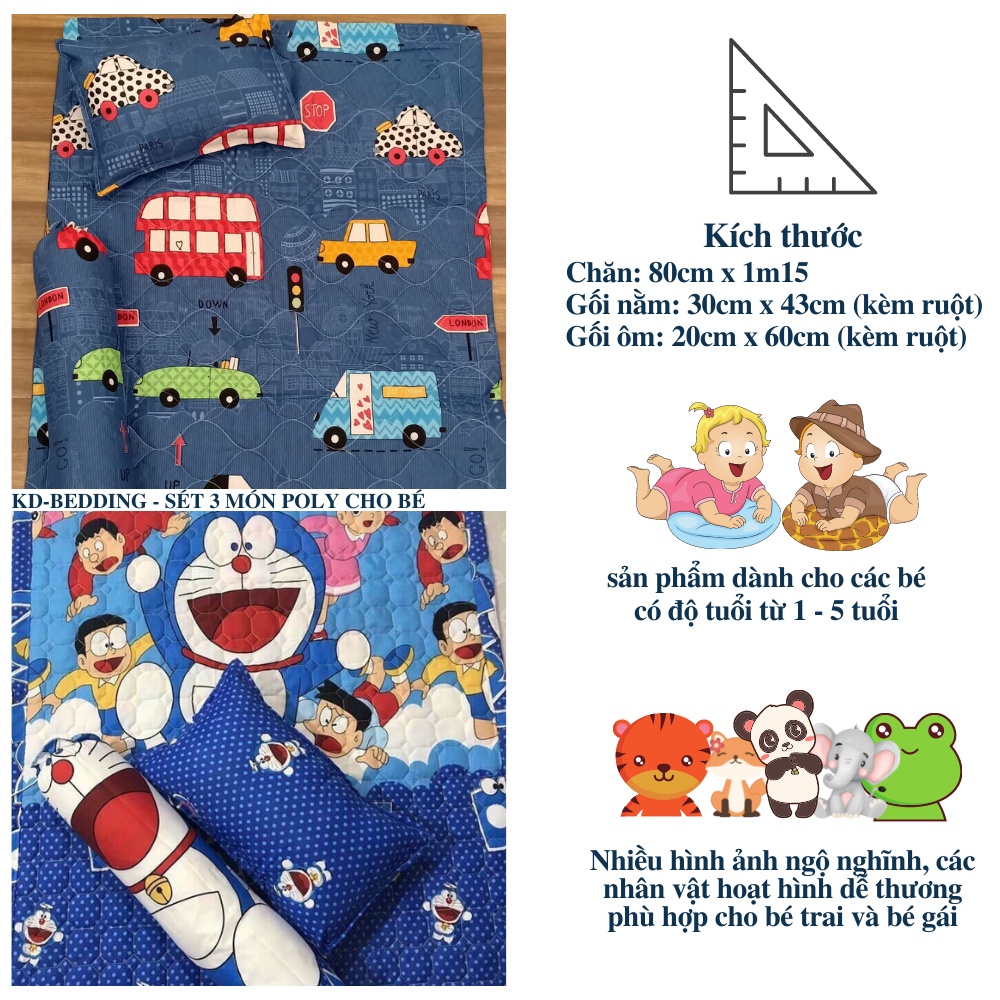 Bộ nệm gối 3 món cotton poly cho bé đi học mẫu giáo, sét 3 món chăn gối đáng yêu KD BEDDING hoạt hình dễ thương