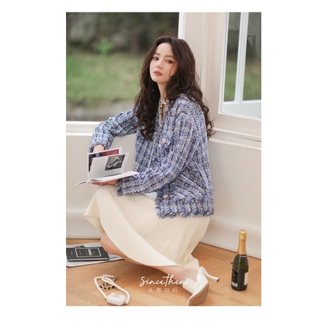 Áo khoác vải tweed màu xanh cao cấp