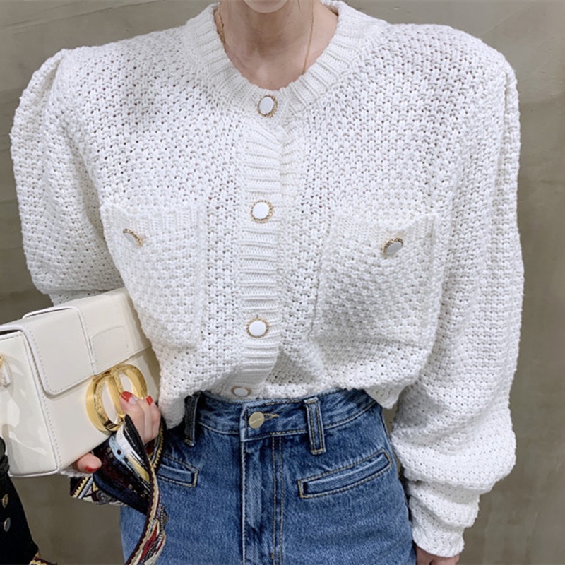 Áo khoác cardigan dệt kim cổ tròn tay phồng thiết kế hai túi có cài nút thời trang cho nữ | BigBuy360 - bigbuy360.vn