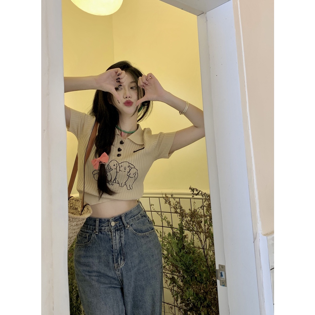Cocory vn Áo Thun Croptop Dệt Kim Tay Ngắn Cổ Polo Thêu Họa Tiết Thỏ Thời Trang Mùa Hè Cho Nữ