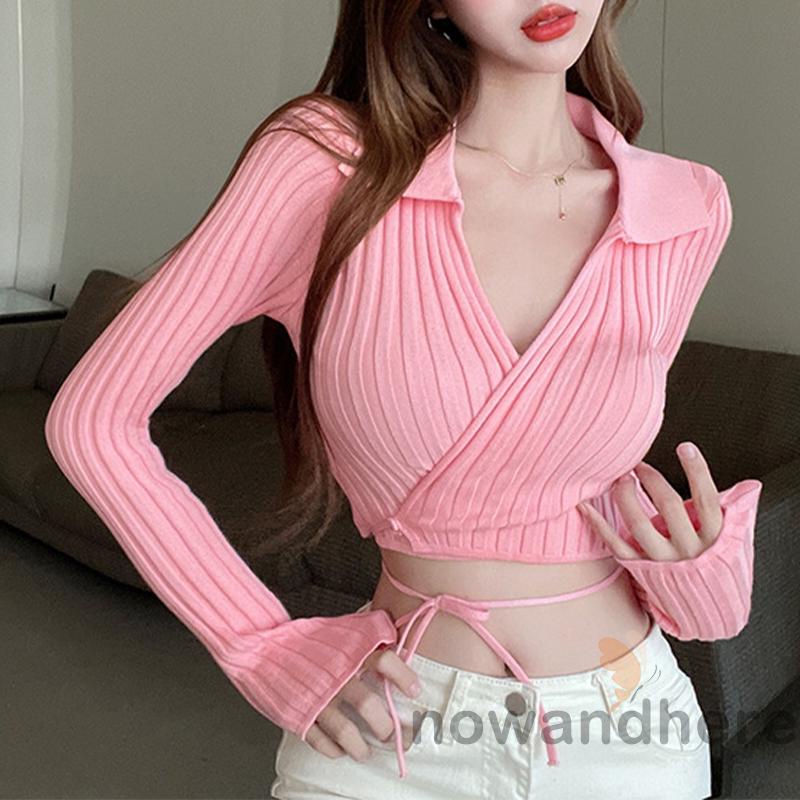 Áo Thun Nữ Cổ Bẻ Tay Dài Cột Dây Màu Trơn / Trắng / Mơ / Hồng Xinh Xắn