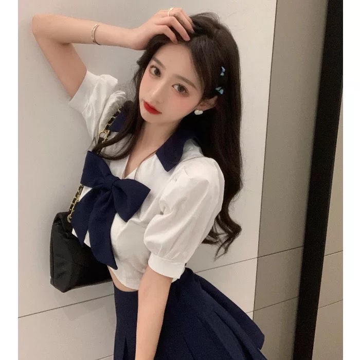 Set đồ COZOKC gồm áo kiểu và chân váy xếp ly lưng cao thời trang cho nữ