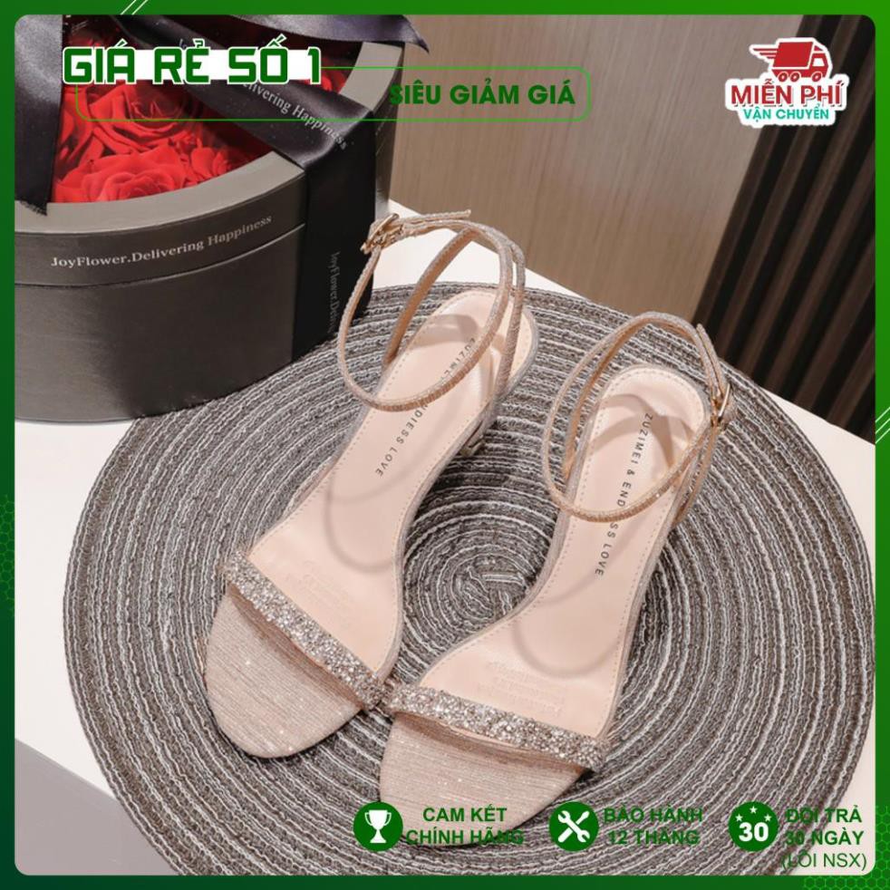 Giày Sandal Nữ Cao Gót-7p quai đá lấp lánh chất vải canvas cao cấp-DA552 .