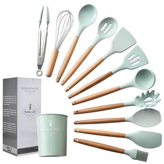 Bộ 12 Dụng Cụ Nấu Ăn Bằng Silicone Tay Cầm Gỗ Chống Dính