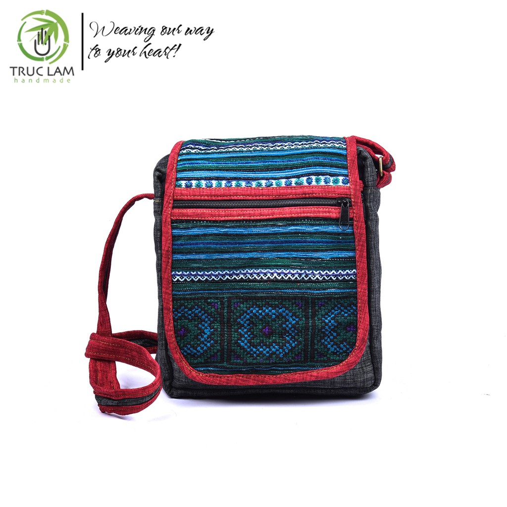 Túi Đeo Chéo Thời Trang Vải Gai Dày Phối Vải Thổ Cẩm Thêu Tay - Trúc Lâm Handmade